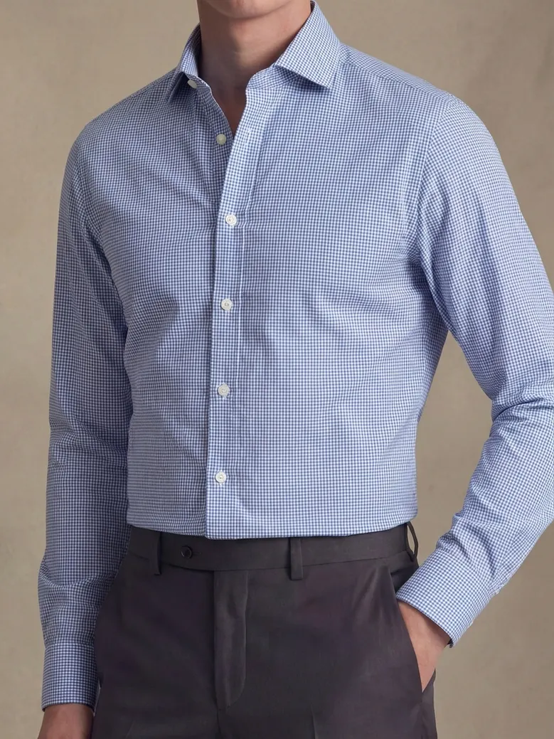 Chemise en twill à carreaux bleus facile à repasser