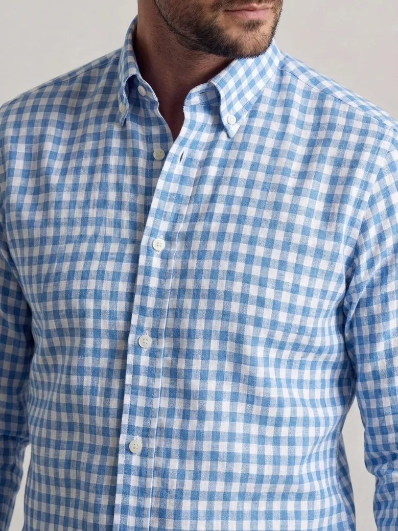 Chemise en lin à carreaux bleu ciel