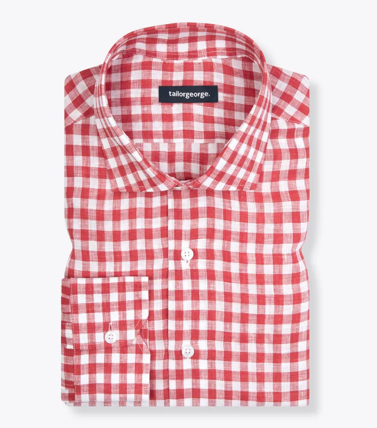 Chemise en lin à carreaux rouge corail