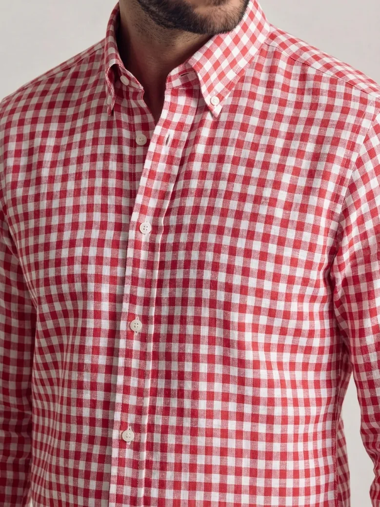 Chemise en lin à carreaux rouge corail