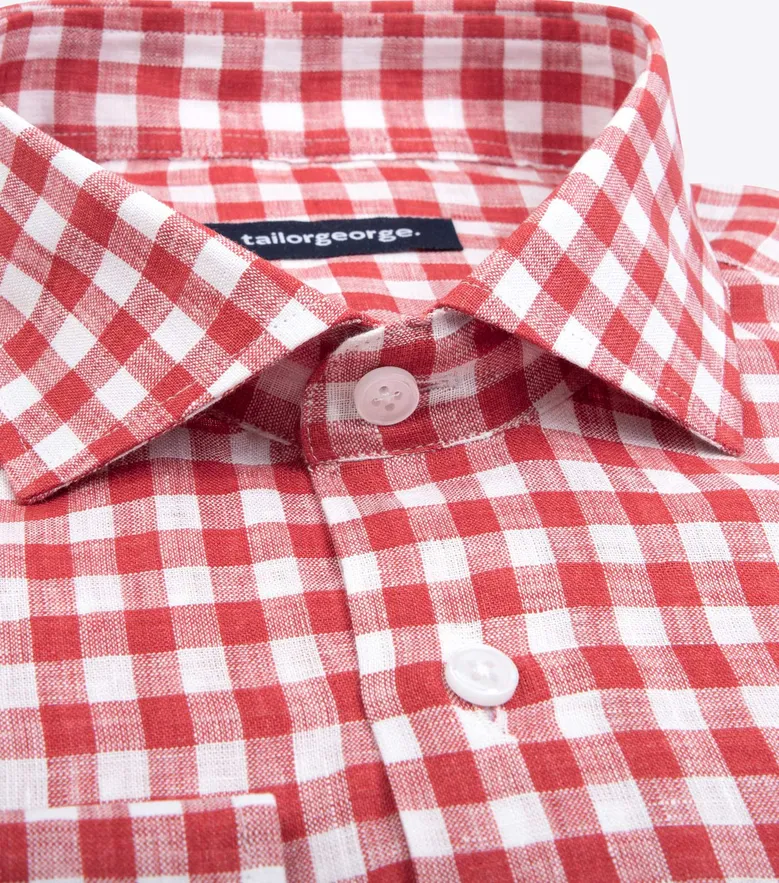Chemise en lin à carreaux rouge corail
