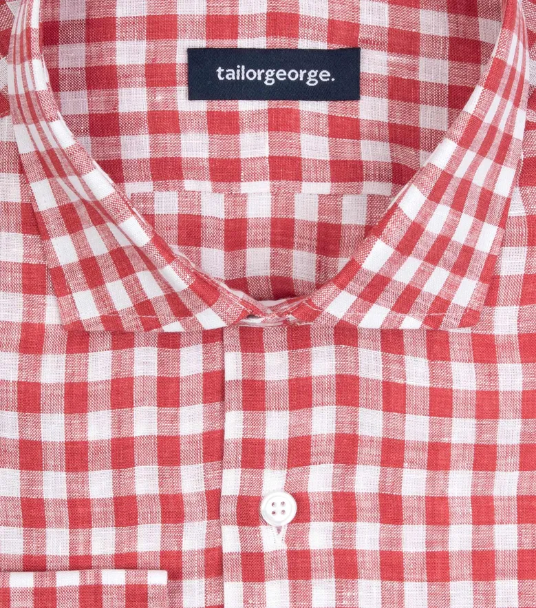 Chemise en lin à carreaux rouge corail
