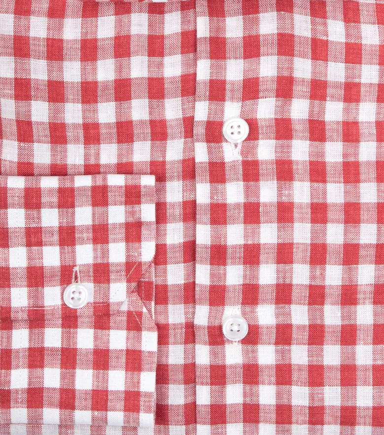 Chemise en lin à carreaux rouge corail